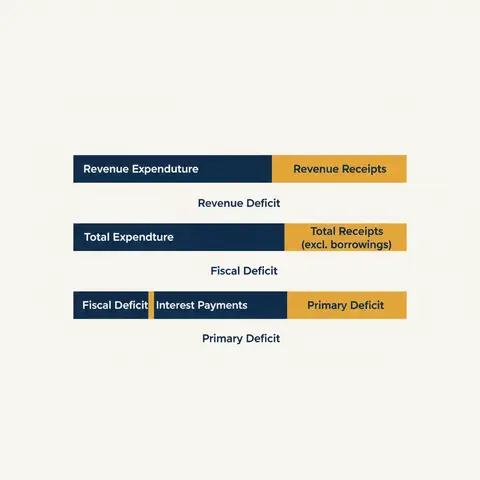 Three deficit measures shown as bar comparisons — revenue deficit, fiscal deficit, and primary deficit.