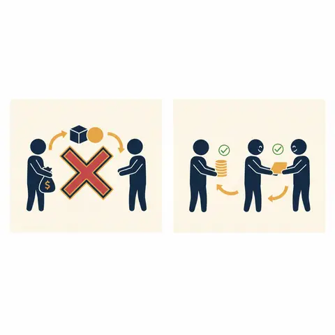 Diagram comparing barter trade (failing) with money-based trade (succeeding)