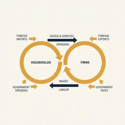 Circular flow diagram showing money and goods moving between households, firms, government, and the foreign sector