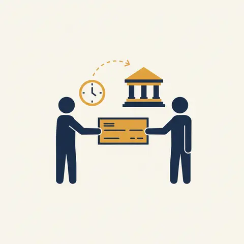 Diagram of a cheque being issued with a time-delay before it reaches the bank.