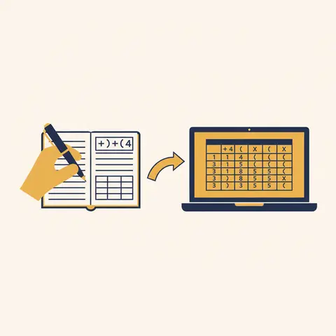 Manual ledger on the left transforming into the same data displayed on a laptop screen on the right.