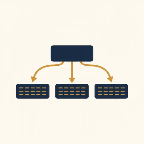 One transaction box at the top with arrows flowing into three connected account boxes below it.