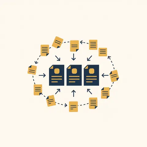 Diagram showing many scattered ledger pages flowing into three final account statements