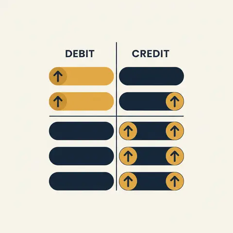 A reference table showing which account types increase on the debit side and which increase on the credit side.
