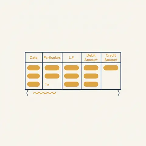 A sample journal page showing the standard five-column format with one complete journal entry including a narration.