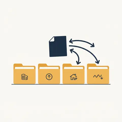 Diagram showing journal entries being sorted into separate ledger account folders