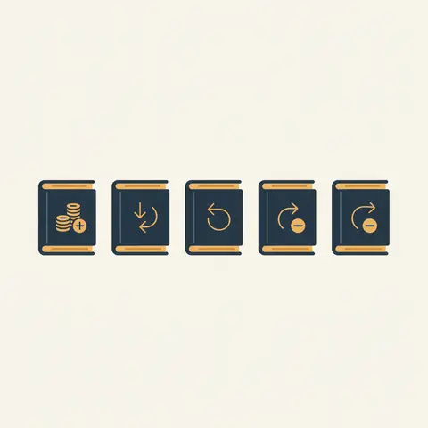 Five subsidiary books shown as labelled icons representing each type of transaction journal