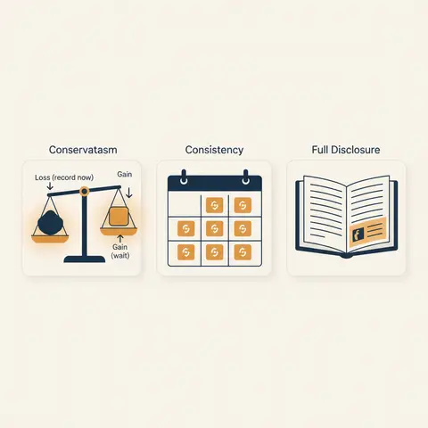 Three-panel diagram illustrating conservatism as an uneven scale, consistency as a repeating calendar, and full disclosure as a book with footnotes highlighted.