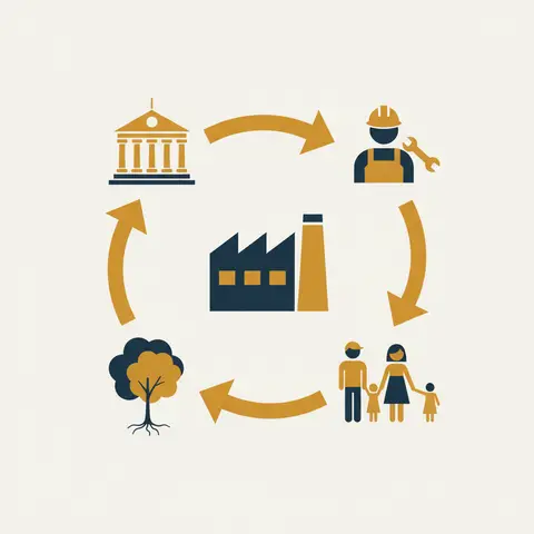 Diagram showing a factory connected by arrows to workers, community, environment, and government.