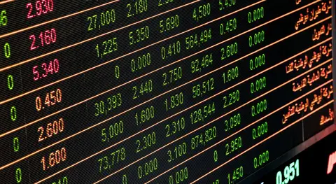 Electronic display board at an Indian stock exchange showing share prices