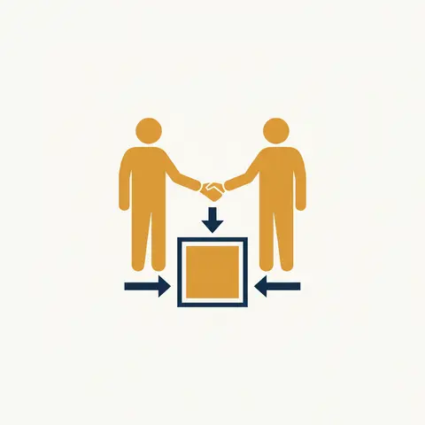 Two people shaking hands with arrows pointing to a shared business entity in the centre