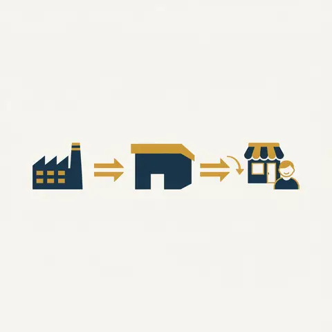 Flow diagram showing goods moving from manufacturer to wholesaler to retailer to consumer