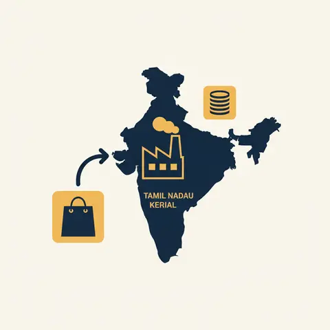 Map showing GST revenue flowing to Kerala (the destination state) where a smartphone is sold, not to Tamil Nadu where it was made