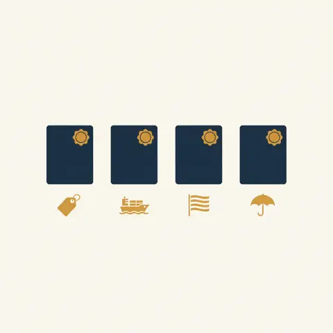 Four export document icons with labels and small supporting symbols