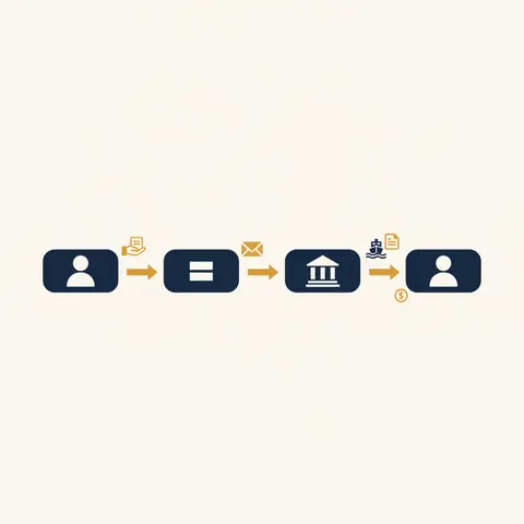 Flow diagram showing how a Letter of Credit moves between buyer, two banks, and seller across two countries
