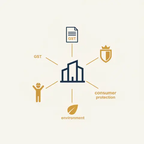 A diagram showing a business at the centre surrounded by four areas of legal compliance