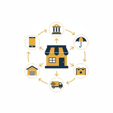 Diagram showing five business services surrounding a central shop, representing how they all support a business.