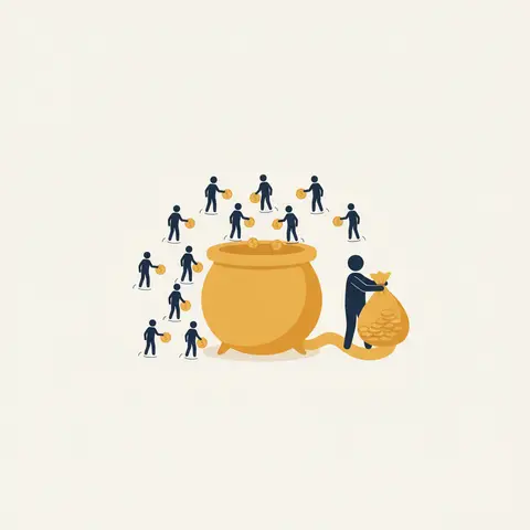 Diagram showing many people contributing small amounts to a shared pool, and one person receiving a large payout from that pool.