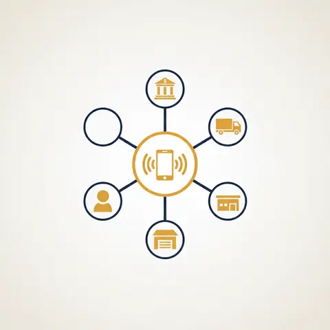 Diagram showing a communication hub at the centre connected by spokes to banking, transport, warehousing, and people icons.