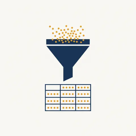 Diagram showing scattered facts being collected and organised into structured data through a funnel.