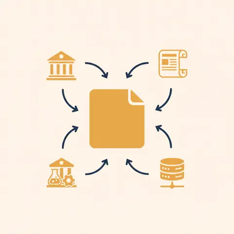 Diagram showing four secondary data sources — government, newspaper, research institution, database — all feeding into one document.