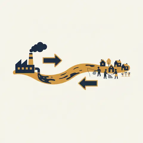 Diagram showing how factory pollution flows through a river and harms a downstream farming community