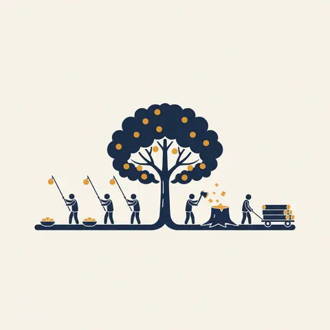 Diagram contrasting sustainable use of a tree (harvesting fruit) versus unsustainable use (cutting it down)