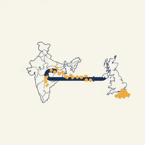 Diagram showing wealth flowing out of India to Britain through a pipe, leaving India economically empty