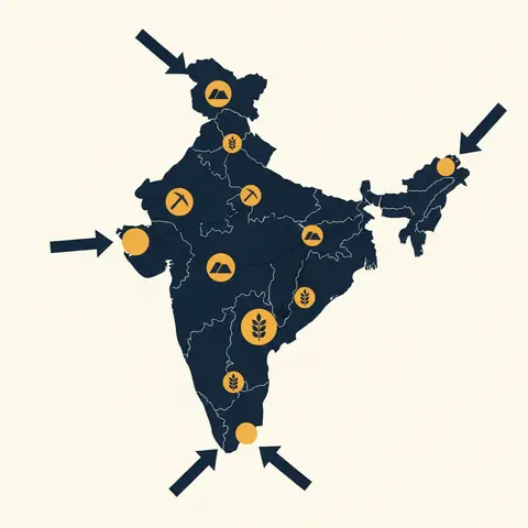 Map diagram showing Indian railway lines connecting mines and farms to coastal ports, pointing outward for export rather than connecting Indian cities to each other