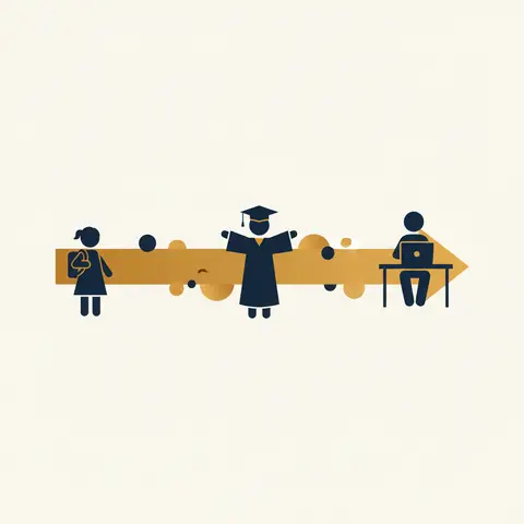 Timeline showing a child growing through school and college into a working adult, illustrating the long gestation period of human capital investment.
