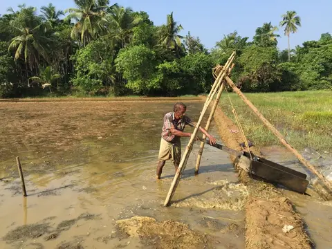 A farmer inspecting drip irrigation equipment on a farm in Kerala.