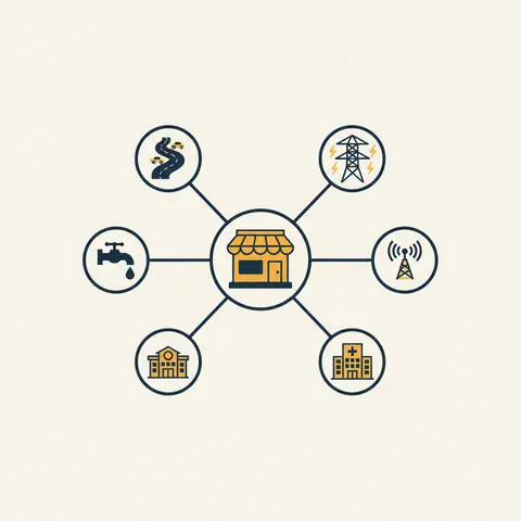 Diagram showing roads, power, water, telecom, school and hospital all connecting to a central market, illustrating infrastructure as the foundation of economic activity