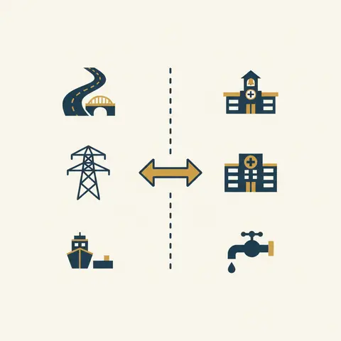 Split diagram comparing physical infrastructure like roads and power against social infrastructure like schools and hospitals, with arrows showing they reinforce each other