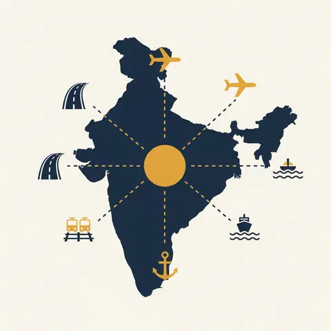 Map diagram showing roads, railways, ports and airports linked into a single coordinated network representing the PM Gati Shakti multimodal connectivity plan