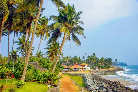 Kerala beach with coconut trees and tourists, illustrating two things that peak in the same season without causing each other
