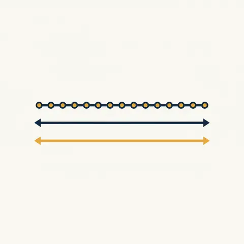 Diagram contrasting a discrete dotted number line with a continuous solid number line