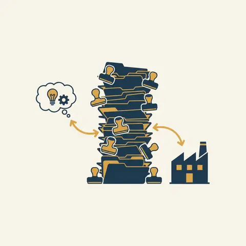 Diagram showing a business idea blocked by a tall pile of bureaucratic approvals before a factory can be built.
