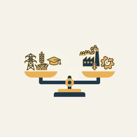 Balance scale showing the gains of planned industrialisation weighed against losses from inefficiency and scarcity.