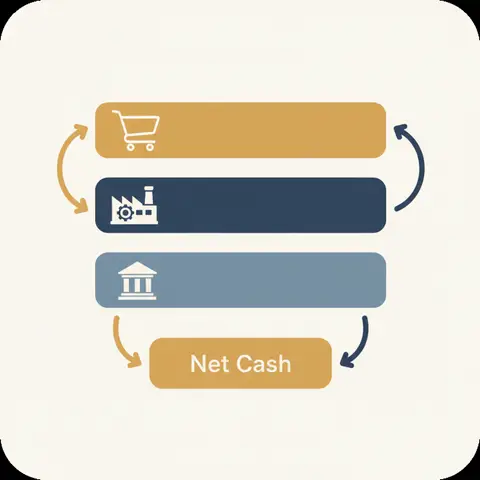 Diagram of the three sections of a cash flow statement — operating, investing, and financing — combining into a net cash total.