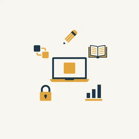 Diagram showing five core functions of computerised accounting arranged around a central laptop icon.