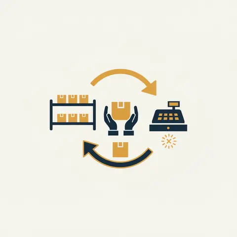 Circular flow showing inventory moving from stock to customer to cash and back to stock
