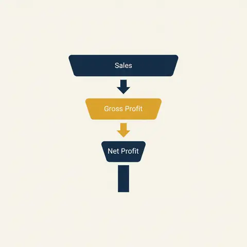 Funnel diagram showing sales narrowing down to gross profit then net profit