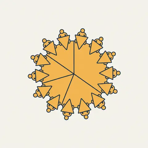 Diagram showing a company divided into equal ownership shares held by different investors