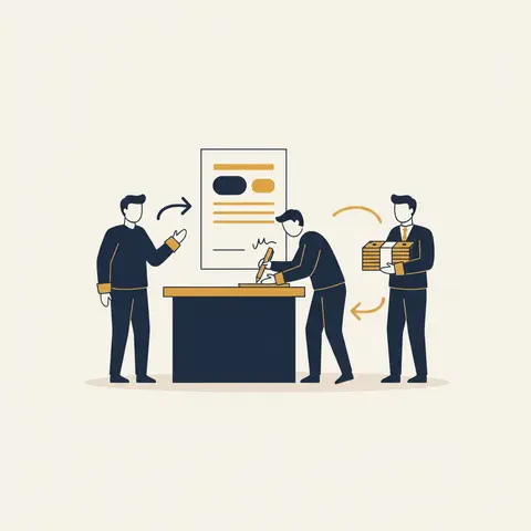 Three people — a supplier, a trader, and a bank teller — exchanging a signed bill of exchange for cash, with arrows showing the flow of the document and money