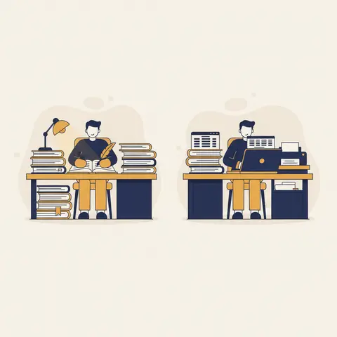 Side-by-side comparison of manual accounting with ledger books on the left and computerised accounting on a laptop on the right