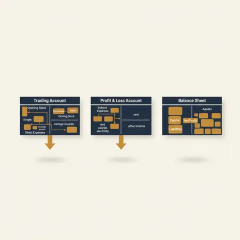 Flowchart showing how a trial balance feeds into Trading Account, then Profit and Loss Account, then Balance Sheet for a sole proprietor