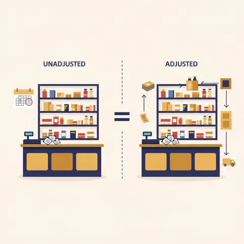 Side-by-side diagram of a kirana shop before and after adjustments, showing how outstanding wages, closing stock, prepaid insurance, and depreciation move into the correct statement