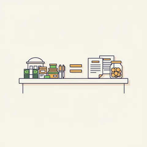 A kirana shop counter divided into two halves showing assets on one side and liabilities plus capital on the other, connected by an equals sign to illustrate the accounting equation.