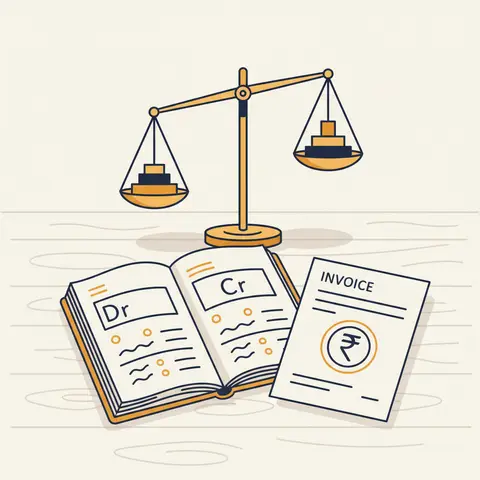 An open journal book showing a debit and credit entry beside a business invoice, with a balanced scale in the background