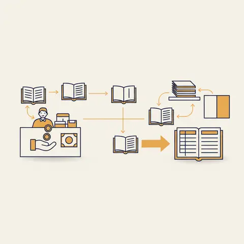 Flowchart showing how a shop's cash, bank, petty cash, and credit purchase transactions flow into their respective subsidiary books and then get posted as totals into the ledger, which feeds the balance sheet.